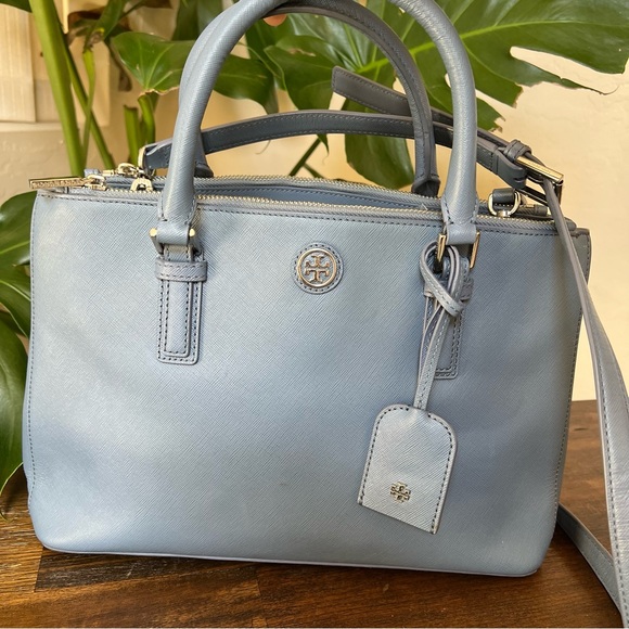 Tory Burch Robinson Double Zip Tote Crossbody Blue Saffiano Leather $495 - Picture 3 of 17